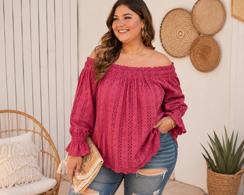 Lane Bryant Eyelet Off Shoulder Peasant Top Womens 22 24 Berry Red Boho